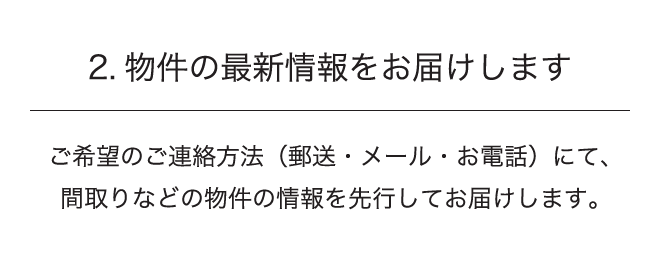 2.物件の最新情報をお届けします ご希望のご連絡方法(郵送・メール・お電話)にて、間取りなどの物件の情報を先行してお届けします。