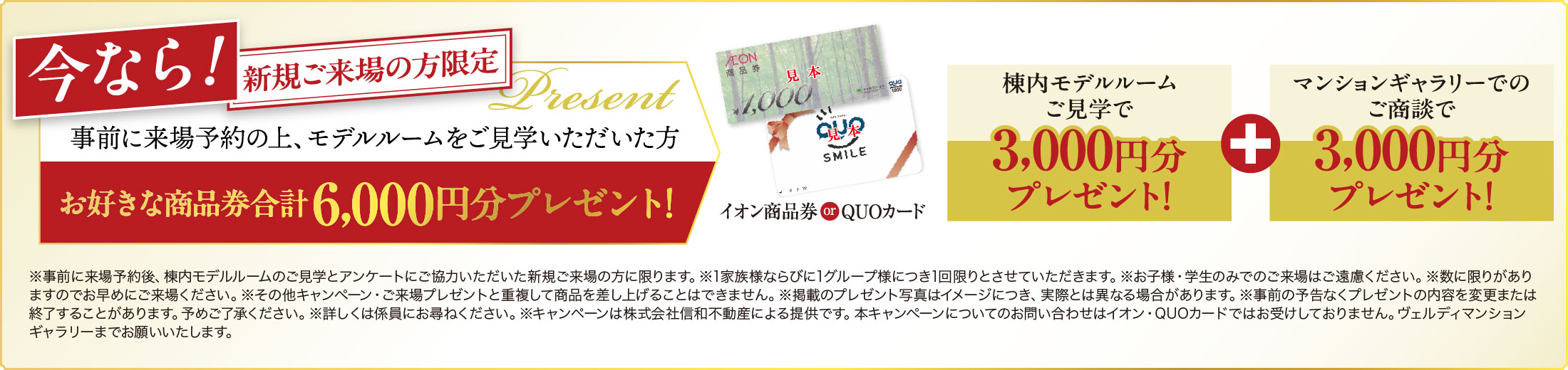 今なら 新規ご来場の方限定！棟内モデルルームご見学でお好きな商品券合計6,000円分プレゼント！